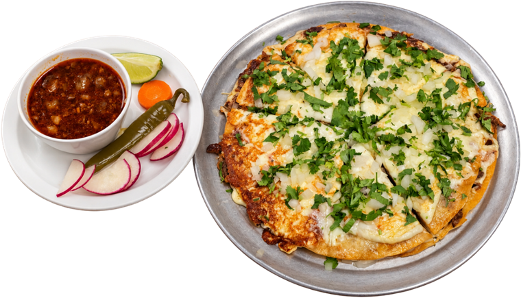 Birria pizza topped with melted cheese, cilantro and onion, served with consommé, radish and jalapeño
