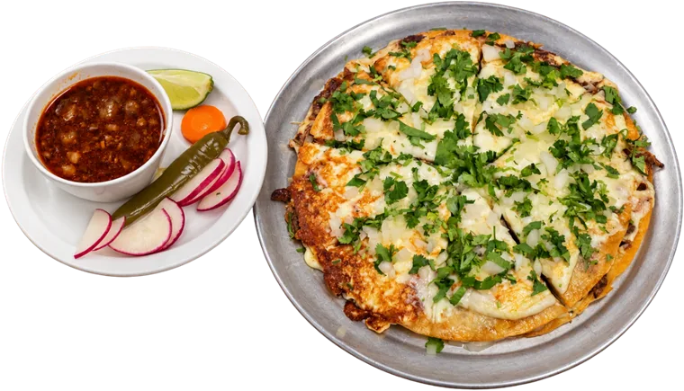 Birria pizza with melted cheese, cilantro and onion, served with consommé