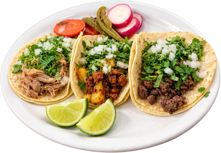 Three street tacos with cilantro, onion, lime, radish and pickled jalapeños