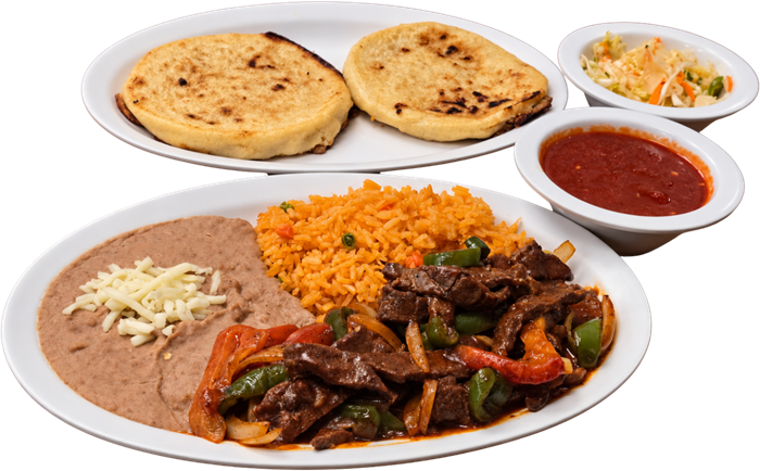 Beef fajitas plate with rice, refried beans, two Salvadoran pupusas, curtido and salsa roja