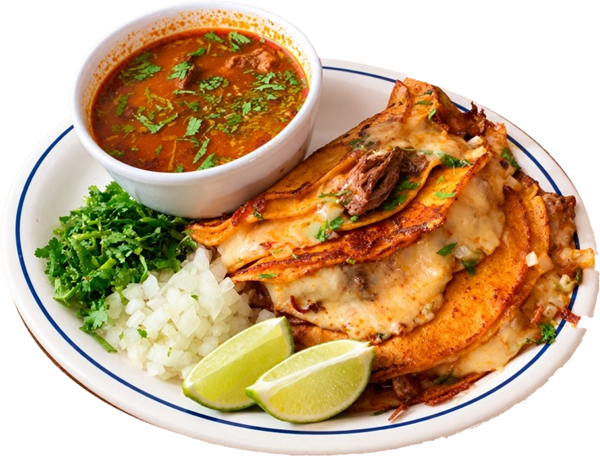 Cheesy birria tacos with consommé, cilantro, onion and lime