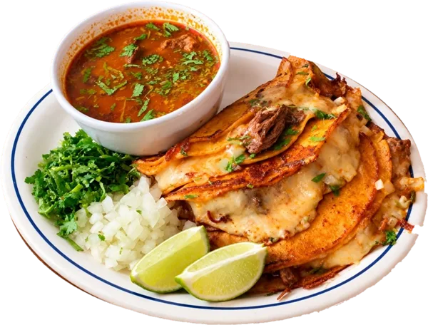 Cheese birria tacos with consommé, cilantro, onion and lime